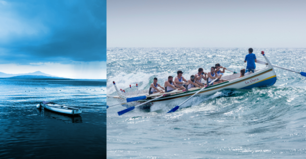 image of 1 lone boat next to image of team rowing from unsplash