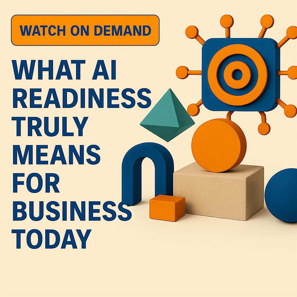 Decorative image with text "Watch on demand, what AI readiness truly means for business today"