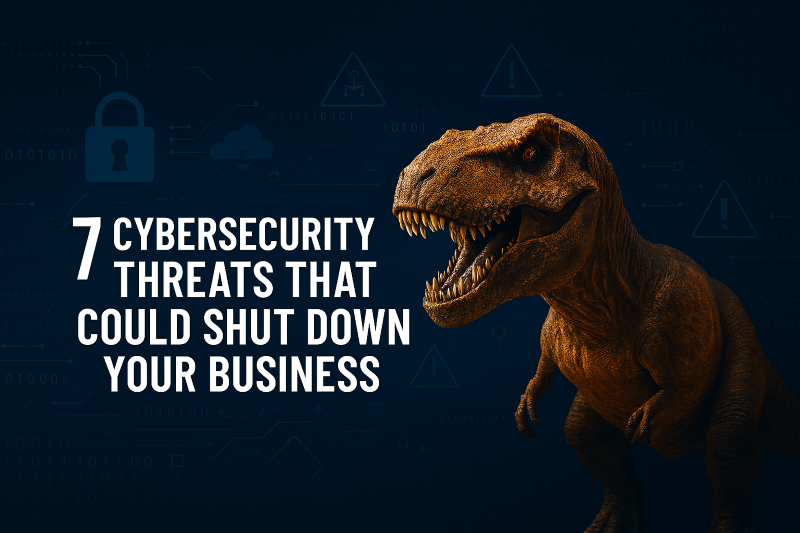 Decorative image for 7 Cybersecurity Threats That Could Shut Down Your Business featuring a dinosaur - don't let your business go extinct. Microsoft Copilot Generated Image.